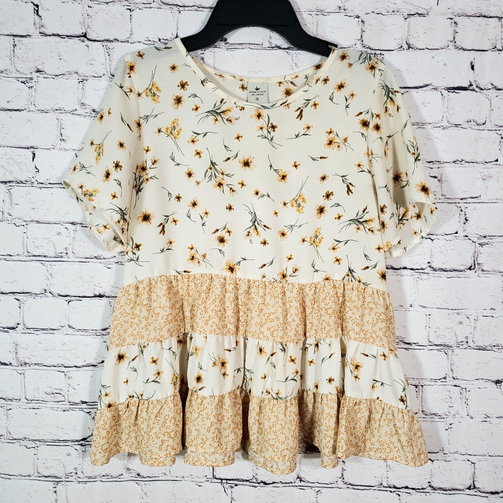 Paper Crane Floral Mixed Print Tiered Babydoll Short Sleeve Top-Size S